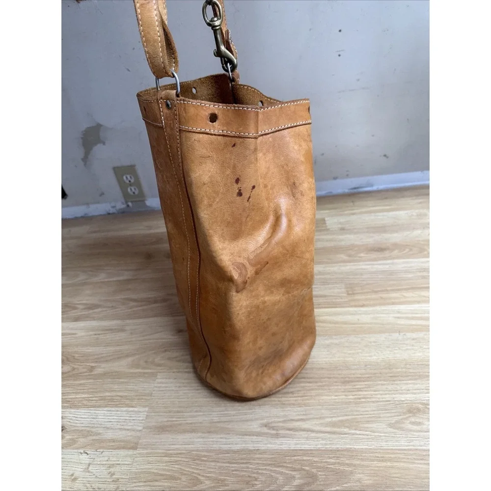 Vintage Tan Leather Bucket Cinch top Tote Bag